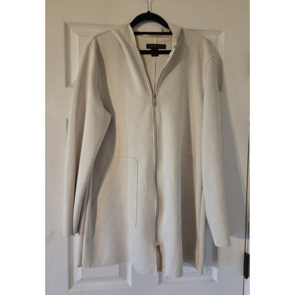 Joan Vass New York Hooded Jacket Women's L Full Zip Beige Faux Suede Garment
